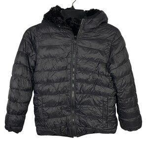Lands End Kids Reversible Hooded Puffer Jacket Size L 10-12 Black Faux Fur